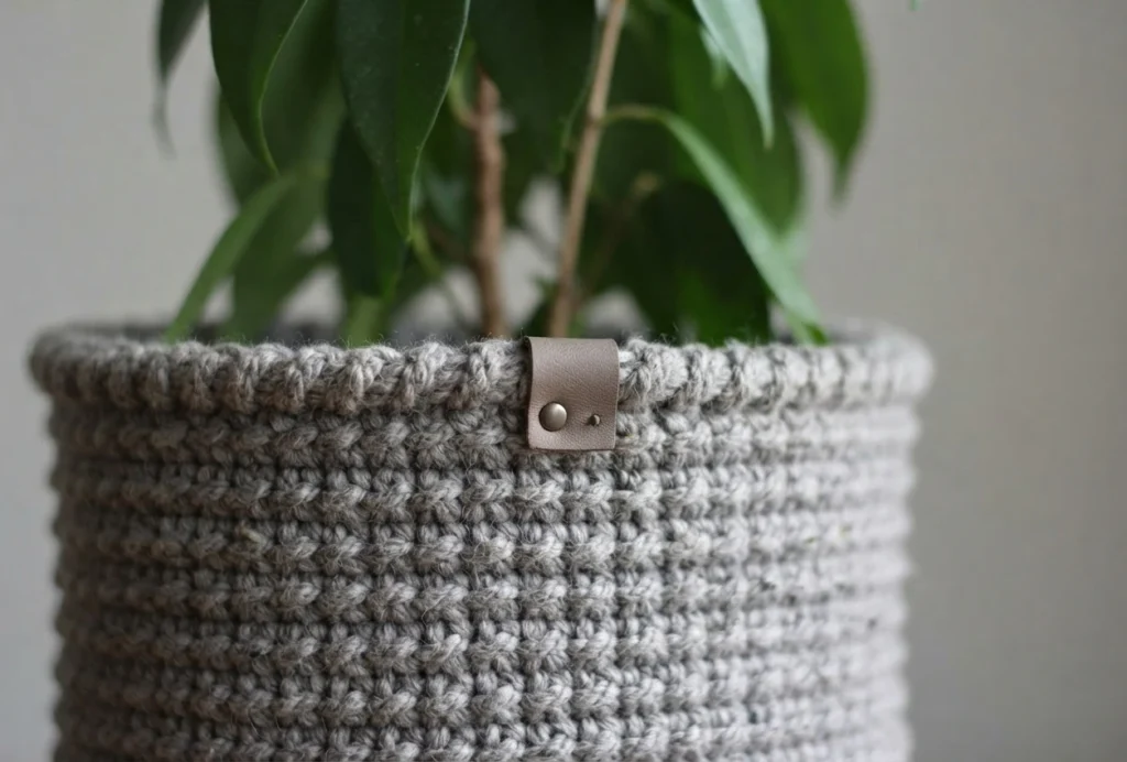 Close-up of a grey crochet plant pot cover with a small leather tag, holding a green leafy plant.