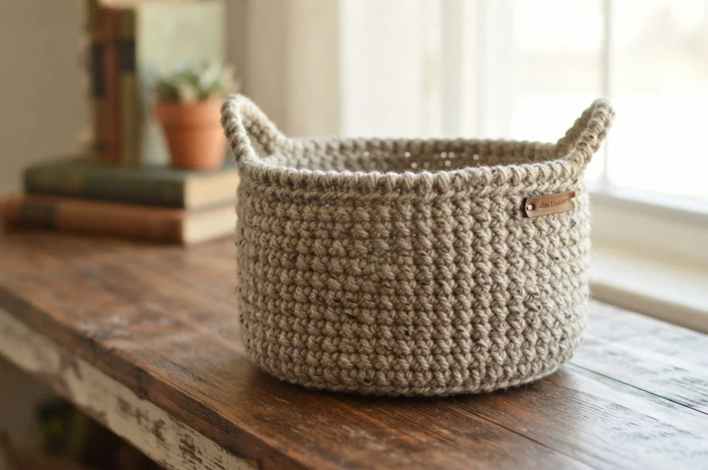 Beige crocheted basket with handles on a wooden table