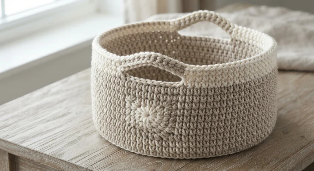 Beige and cream hand crocheted basket with side handles resting on a light wooden table near a window