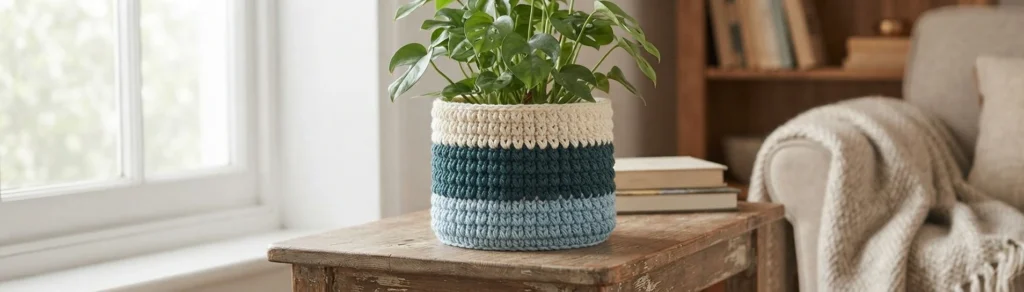 Crocheted plant pot cover with cream, dark teal and light blue stripes holding a leafy green plant on a wooden table beside a window