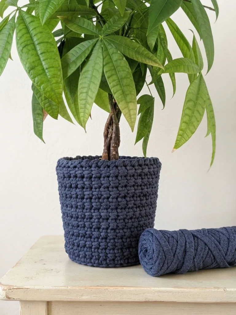 Navy blue crocheted pot cover holding a leafy plant, with a matching skein of yarn beside it on a table.