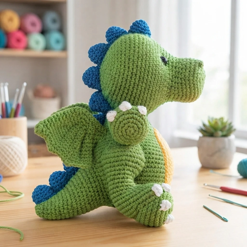 A green crochet dragon with blue back spikes, a yellow belly patch, white claws and green wings sitting on a wooden craft table with yarn and crochet hooks in the background.