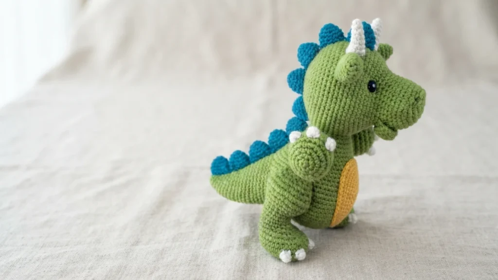 Green crocheted dragon in profile with blue spikes along its back and tail, white horns and a yellow belly patch, standing on beige fabric.