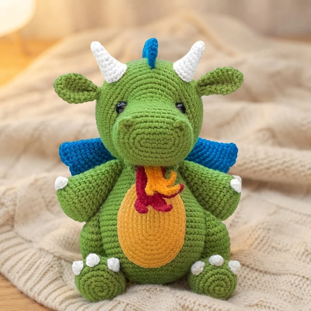 Green crocheted dragon with white horns, blue wings and a yellow belly, breathing small red and orange flames while sitting on a beige knitted blanket