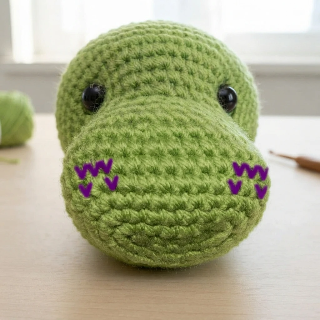 Close-up of a green crocheted dragon snout with purple marker lines showing where to place the nostrils