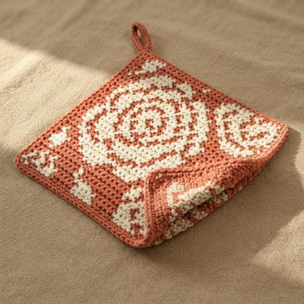 Tapestry crochet rose potholder in coral and cream with a hanging loop, one corner folded to show the reverse, on a linen background.