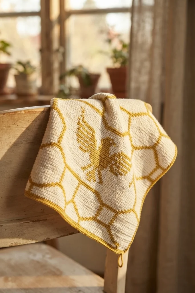 Crocheted potholder in cream with a gold honeycomb border and a gold eagle motif, draped over a wooden chair back in warm sunlight