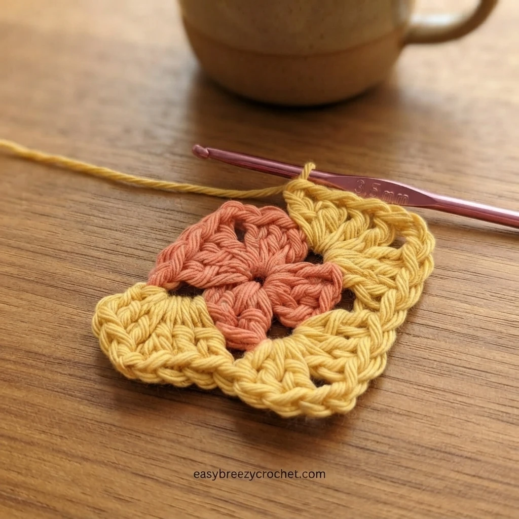 Partially worked granny square in coral and yellow yarn on a wooden table, with a pink crochet hook holding the working loop and a blurred mug in the background.