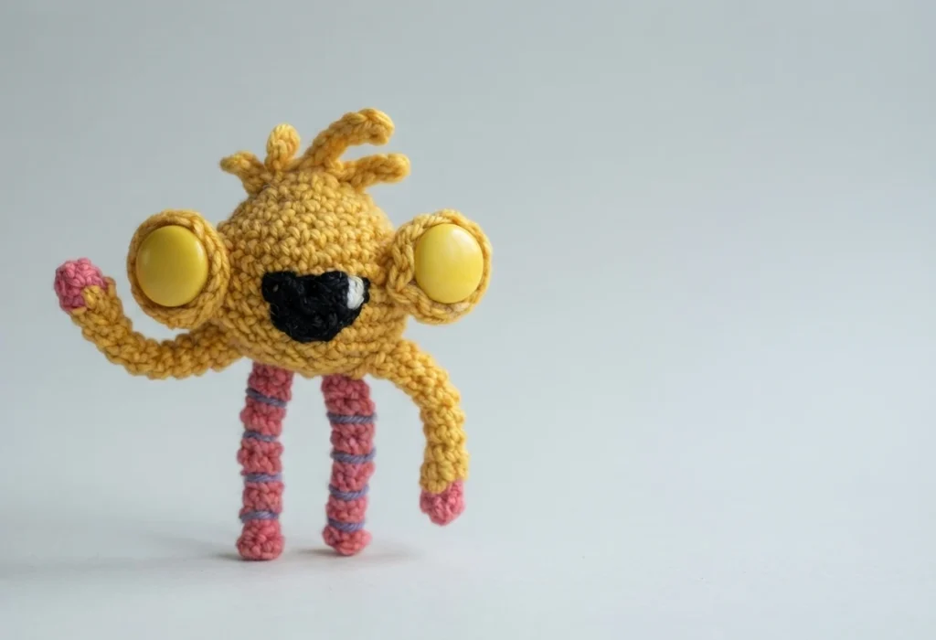 Yellow crocheted monster with large solid yellow side eyes, black smile, pink striped legs and one raised arm on a light background