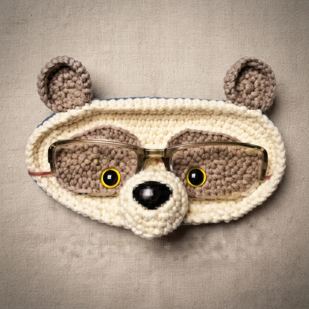 Cream and brown crochet bear face eyeglass holder with round ears, white muzzle, black nose and eyeglasses resting on it on a beige fabric background