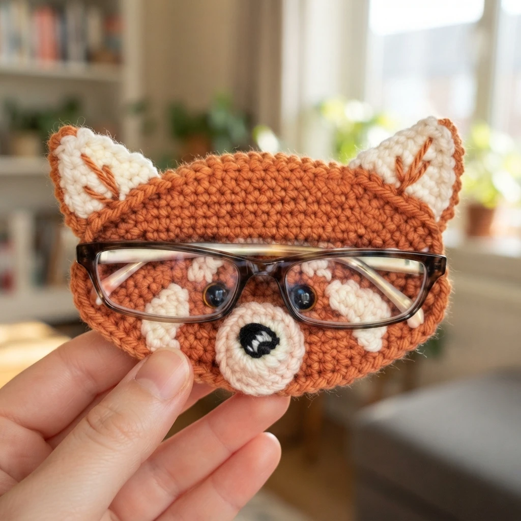 Hand holding a crochet red panda eyeglass holder with rust orange fur, cream ears and muzzle, and dark glasses resting across its face