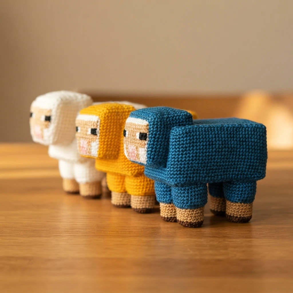 Three cube-shaped crocheted Minecraft sheep in white, mustard yellow and teal blue, lined up on a wooden table.