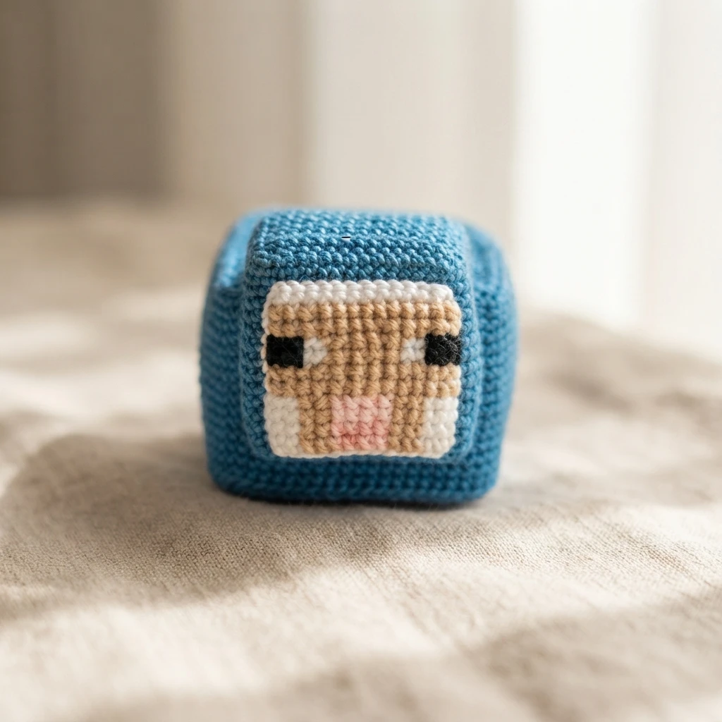 Close-up of a crocheted cube-shaped Minecraft-style sheep head in blue with a beige pixel face, black eyes and pink nose, resting on soft beige fabric.