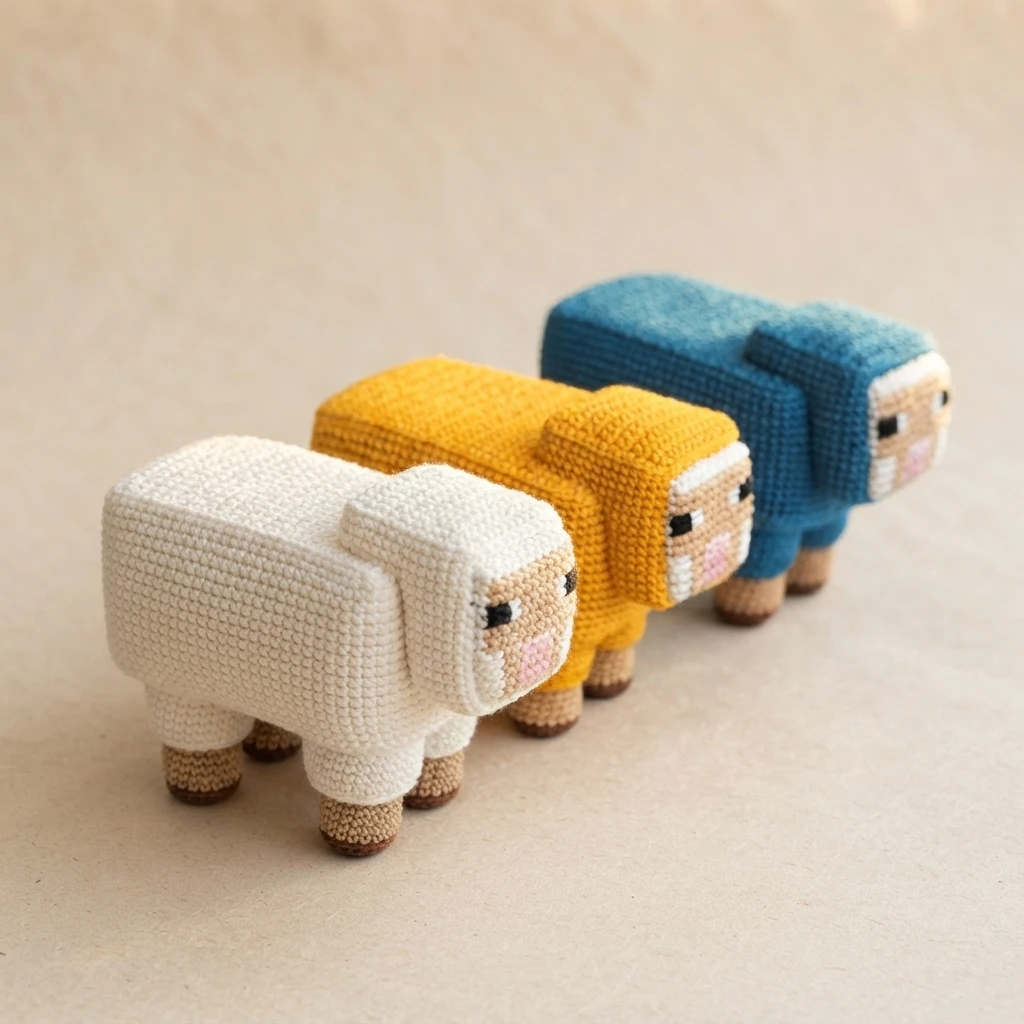 Three cube-shaped crocheted sheep toys in the style of Minecraft, in white, orange and blue, standing in a row.