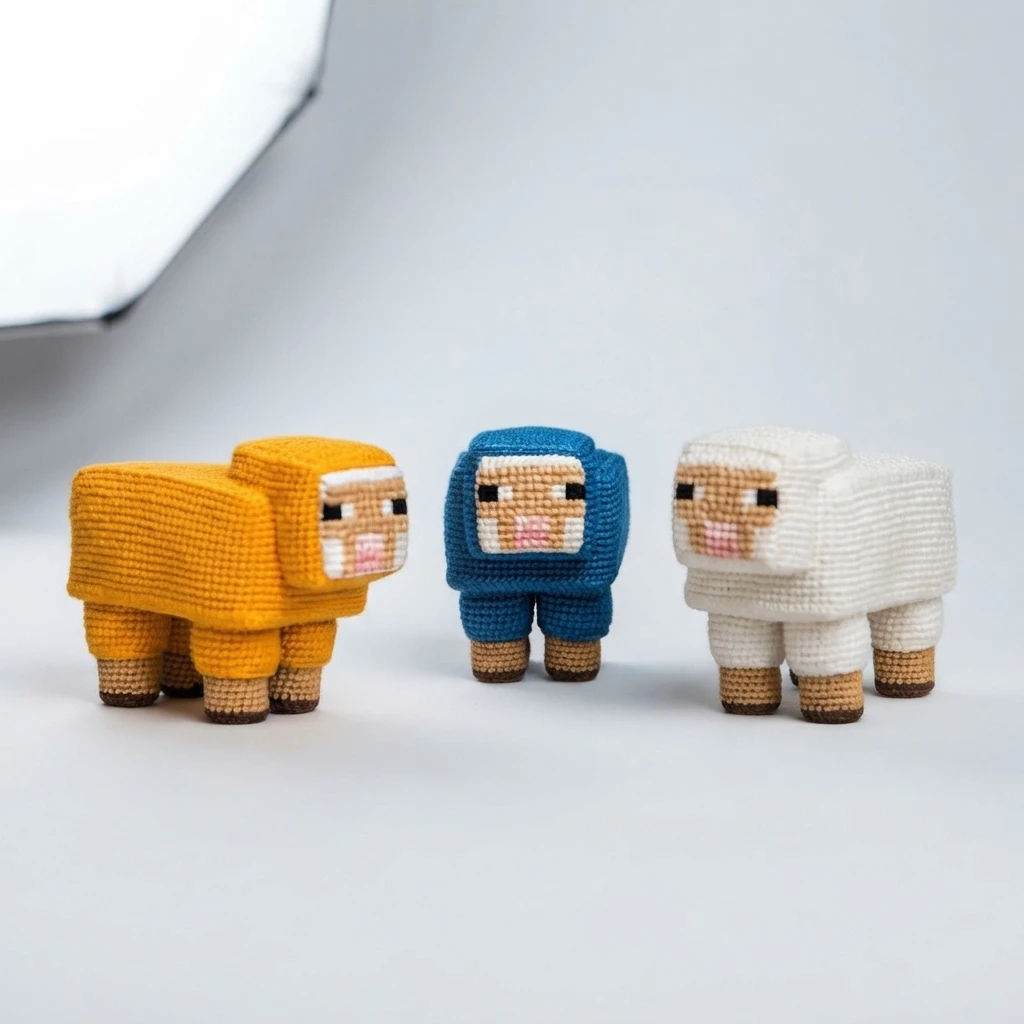 Three crocheted blocky sheep in yellow, blue and white with pixel faces and tan feet, arranged in a row on a white studio background.