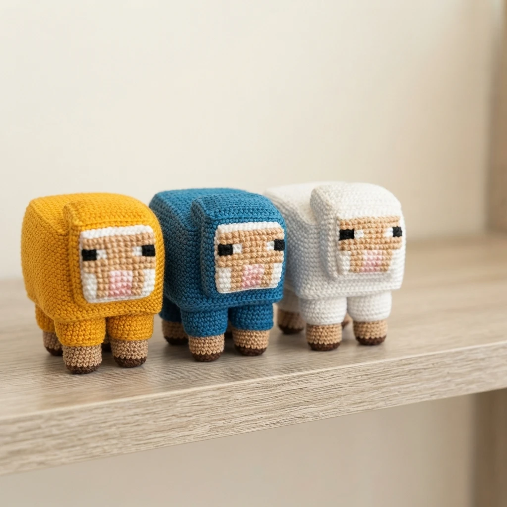 Three cube-shaped crocheted Minecraft sheep in yellow, blue and white with pixelated faces, standing in a row on a wooden shelf.
