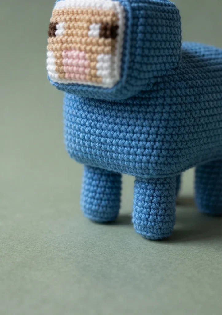 Close-up of a blue crocheted cube-shaped Minecraft sheep with a pixelated beige, white, pink and brown face