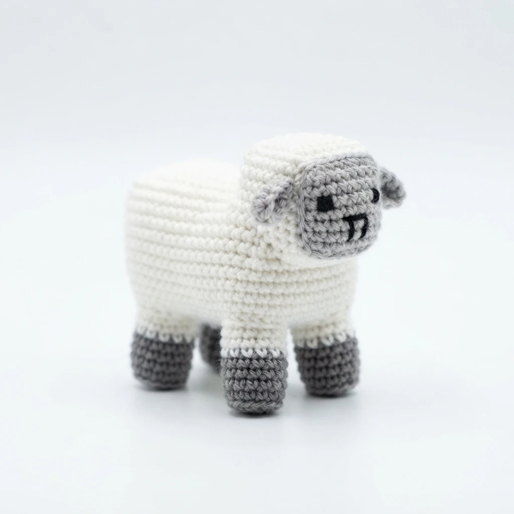 White crocheted blocky Minecraft-style sheep amigurumi with a grey pixel face, black square eyes and embroidered smile, standing on a plain white background.