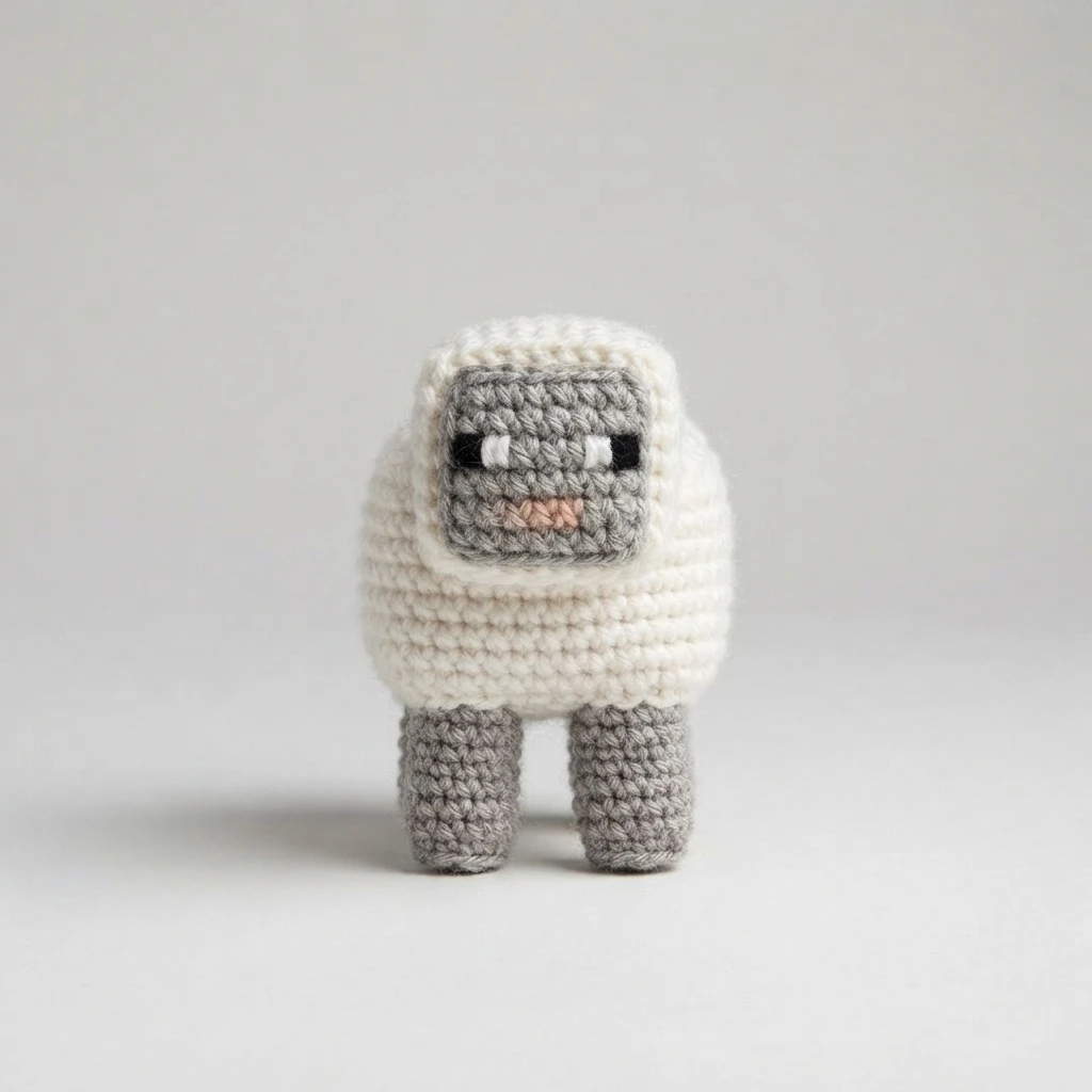 Crocheted blocky white sheep toy with grey face and legs, shown front on against a plain light background