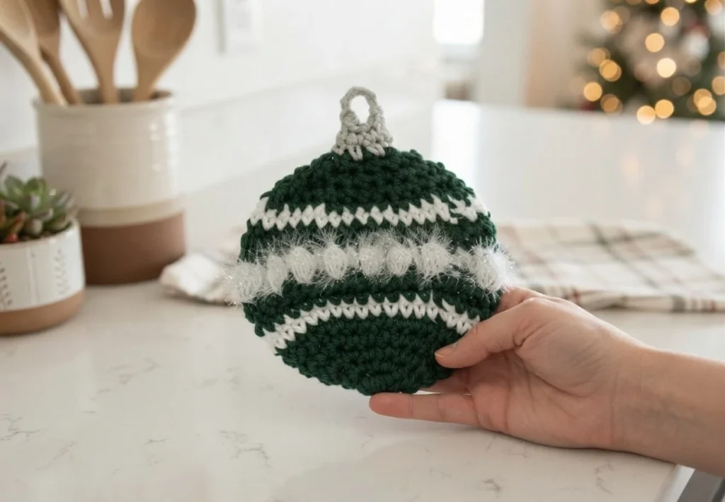 A hand holding a green and white crocheted Christmas ornament dishcloth in a kitchen.