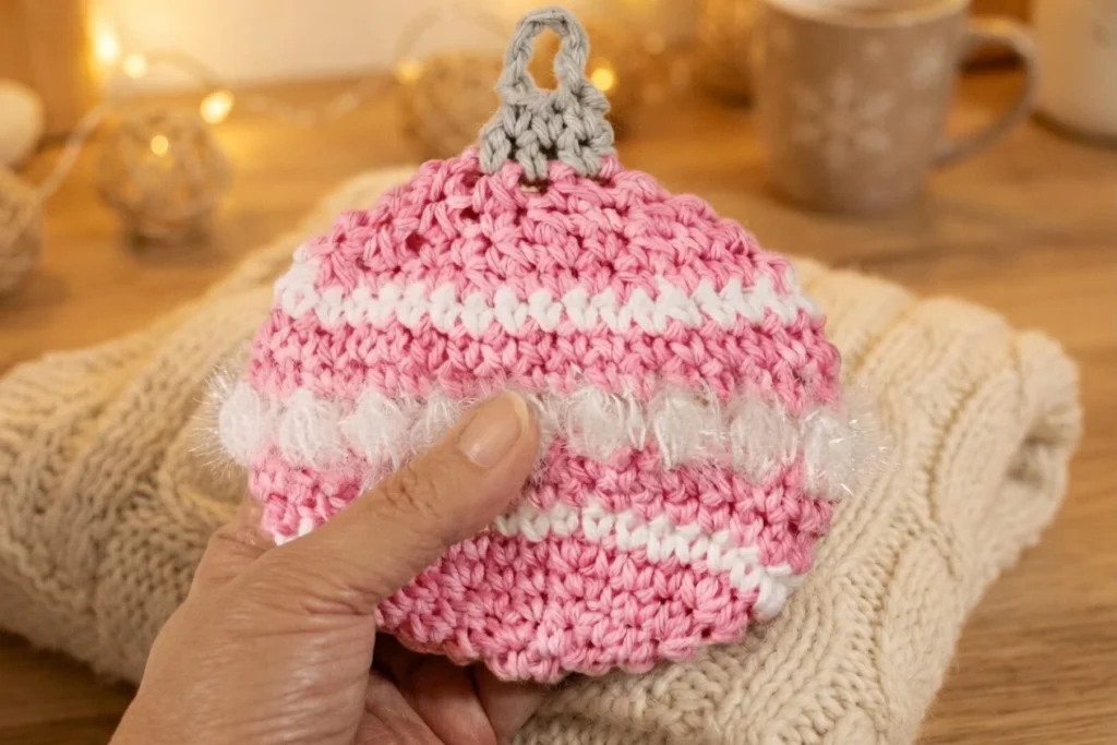 Hand holding a pink crocheted Christmas ornament dishcloth scrubby with white stripes and a gray hanging loop