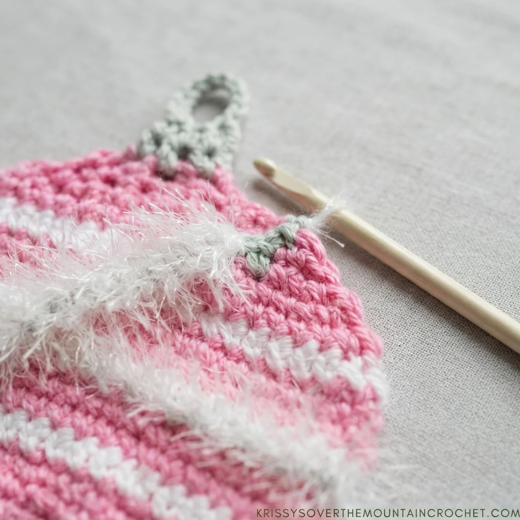 Close-up of a pink crochet Christmas ornament dishcloth in progress with white stripes and fluffy white yarn, a crochet hook resting beside it on light fabric