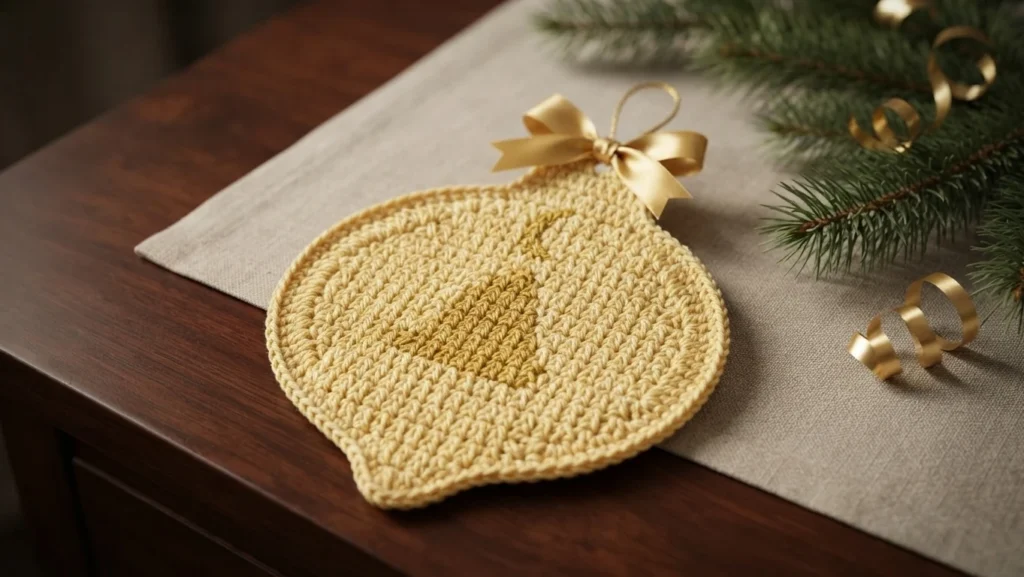 A gold crochet Christmas ornament dishcloth with a satin ribbon bow, lying on a beige placemat beside pine branches and gold curling ribbons.