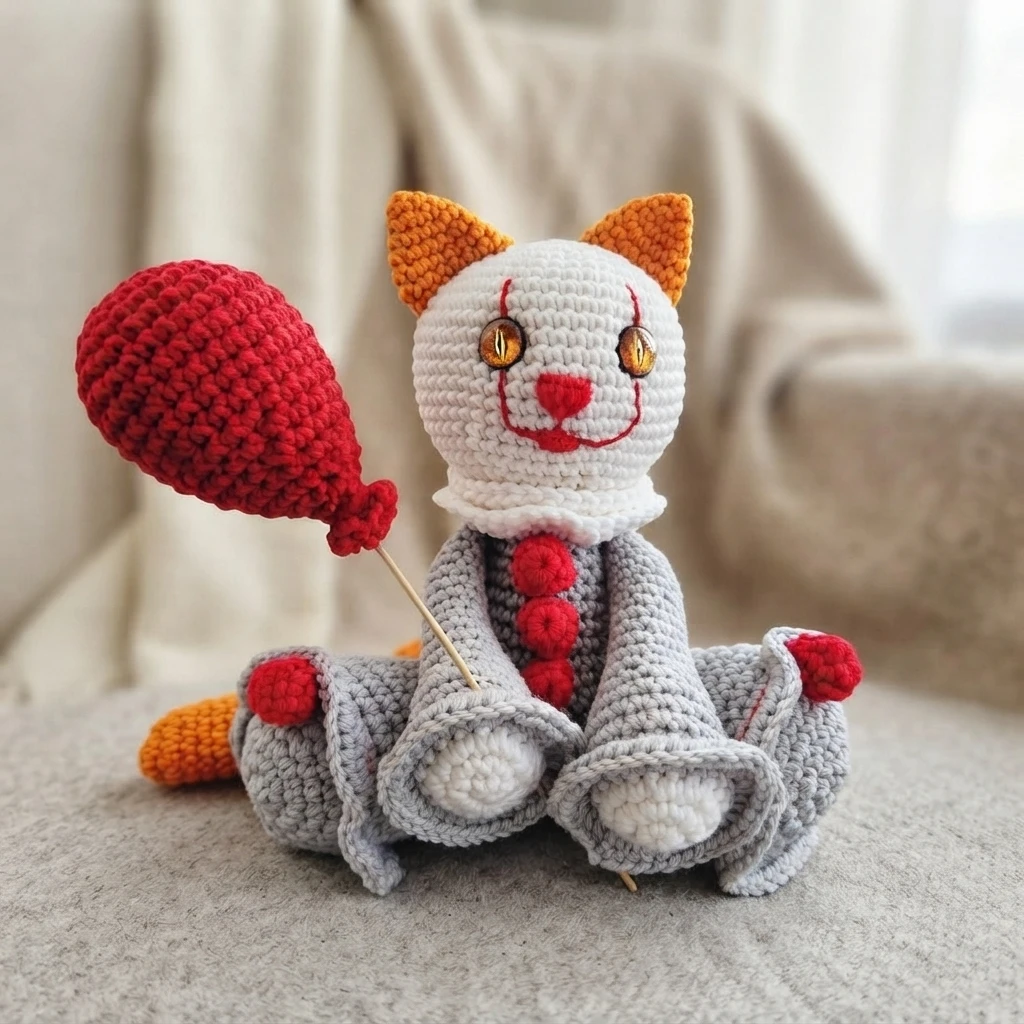 Crocheted white and gray clown cat with orange ears and tail, red details, and a red balloon on a stick.