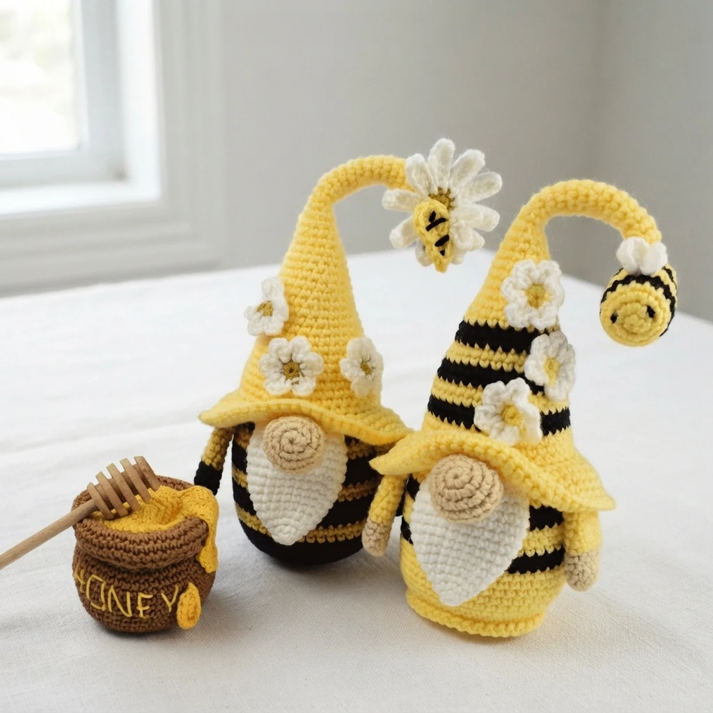Two crocheted bee gnomes with tall yellow hats decorated with white flowers and small bees, next to a crocheted honey pot with a wooden honey dipper
