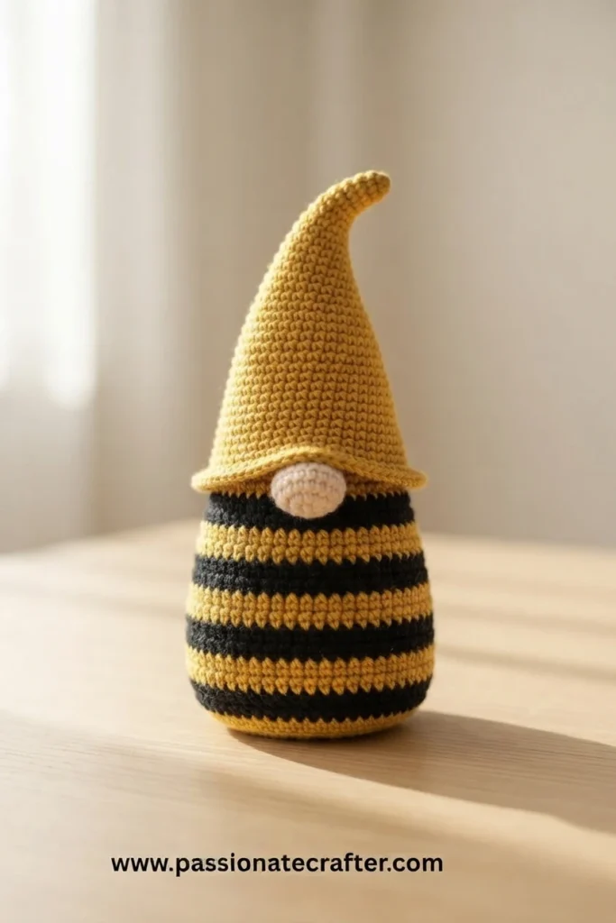 Crocheted bumble bee gnome with a tall mustard pointed hat and black and yellow striped body, standing on a wooden table