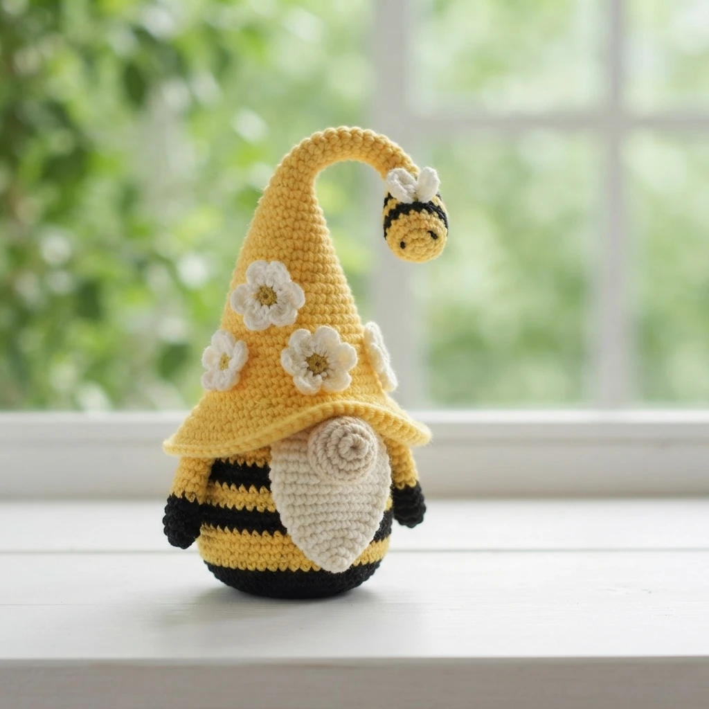 Crocheted bumble bee gnome with yellow hat, white flowers, small bee at the hat tip and striped yellow and black body on a windowsill