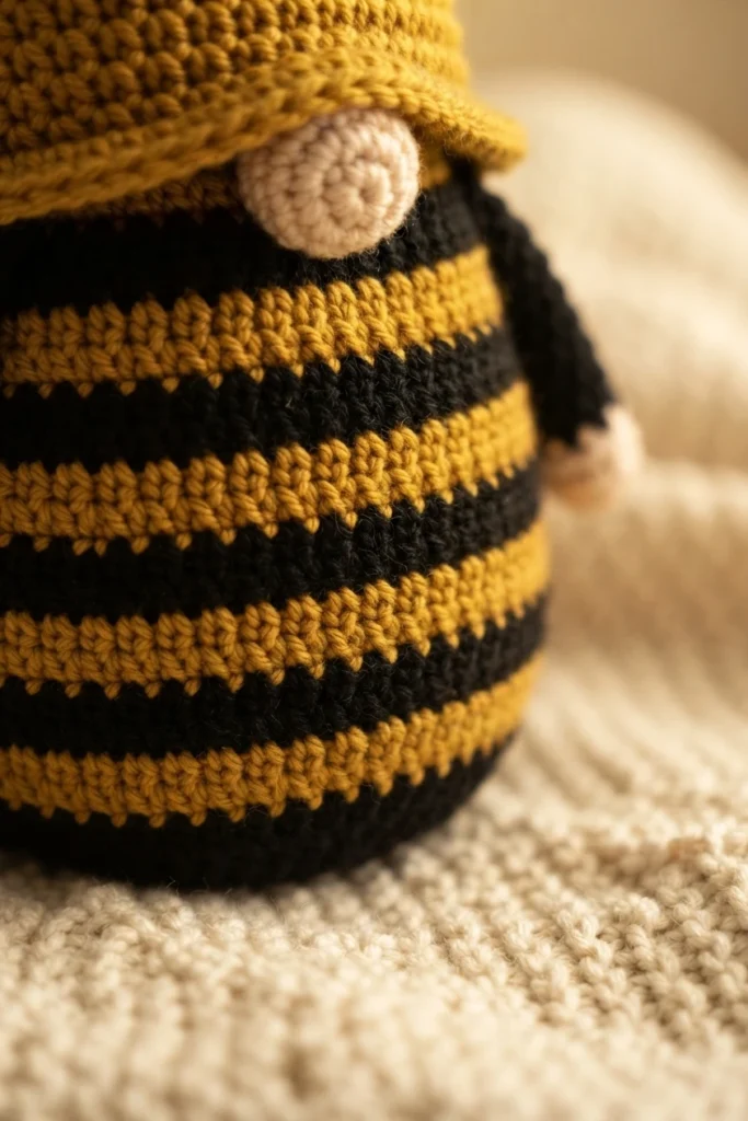 Close-up of crocheted bumble bee gnome with black and mustard-yellow striped body, yellow hat brim and beige nose