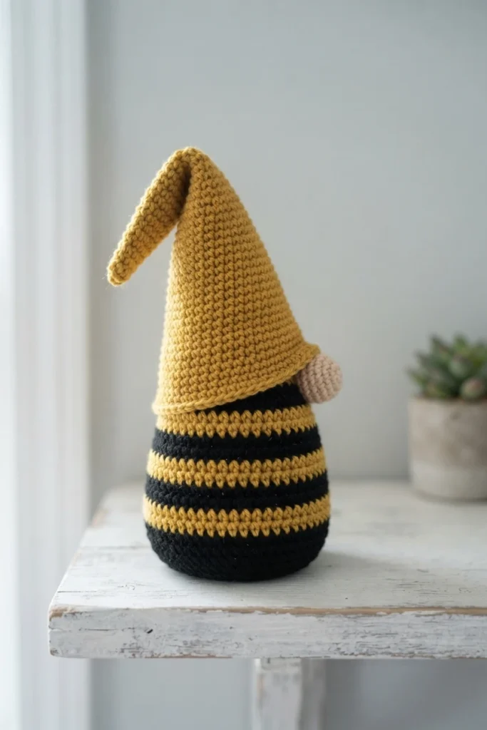 Crocheted bumble bee gnome with tall mustard yellow pointed hat and black and yellow striped body standing on a white wooden table