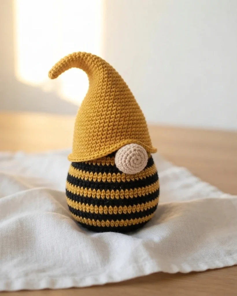 Crocheted bumble bee gnome with mustard yellow pointed hat and black and yellow striped body on a white cloth