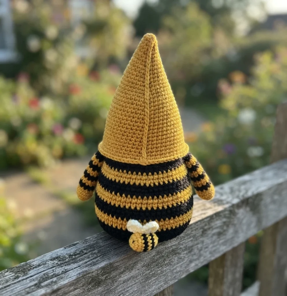 Finished bumble bee crochet gnome with a tall yellow pointed hat and black and yellow striped body, shown from behind sitting on a wooden fence with a blurred garden behind.