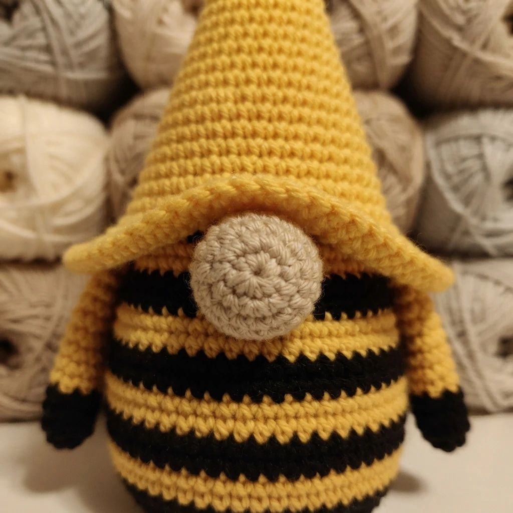 Close-up of a crocheted bumble bee gnome with a tall yellow pointed hat, round beige nose and black and yellow striped body, in front of yarn balls