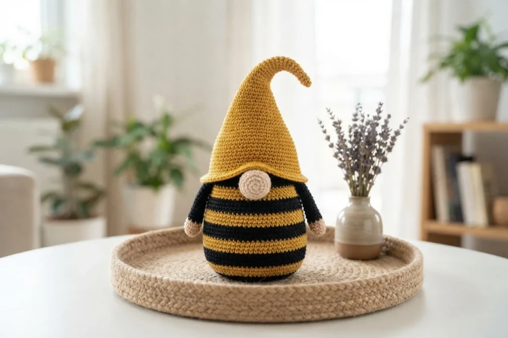 Crocheted bumble bee gnome with a yellow and black striped body, tall yellow pointed hat and beige nose, displayed on a woven tray next to a small vase of lavender