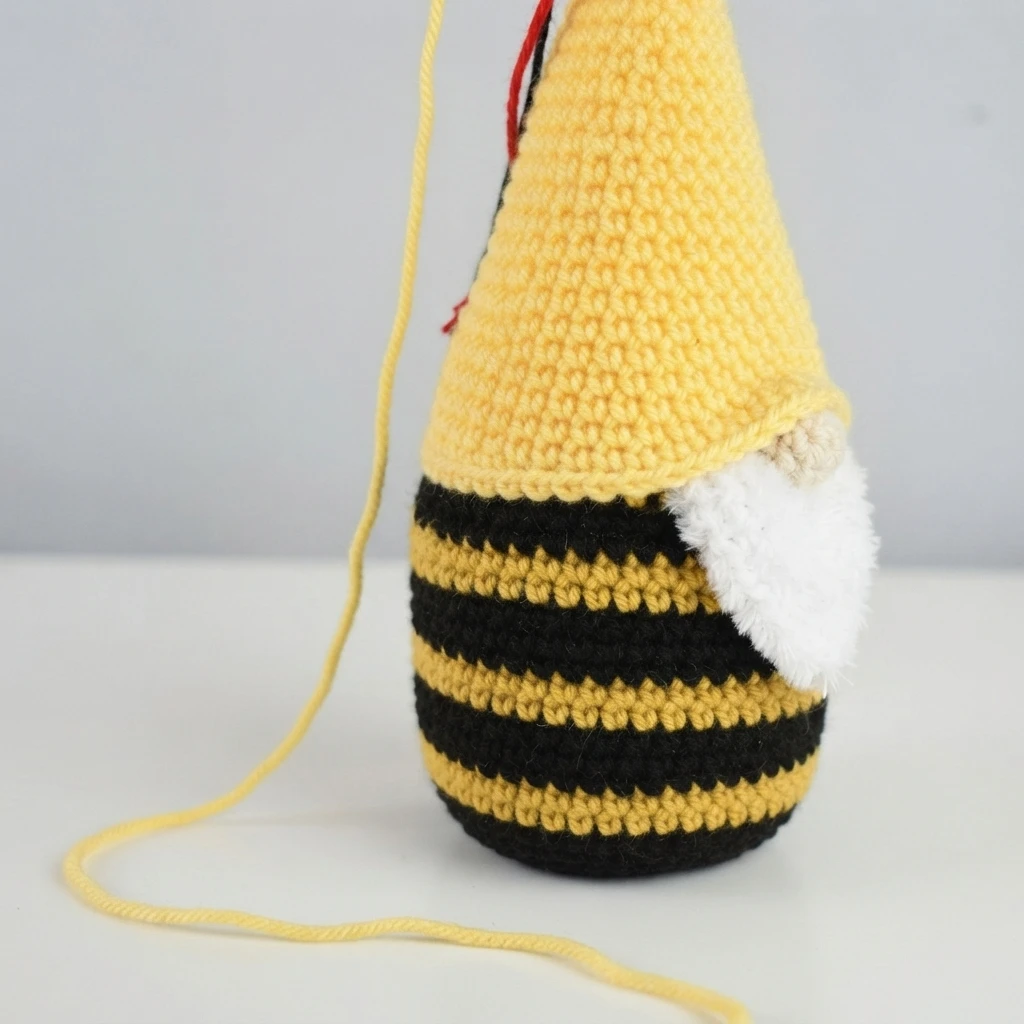 Crocheted bumble bee gnome body with black and yellow stripes, a tall yellow cone hat, and a white beard