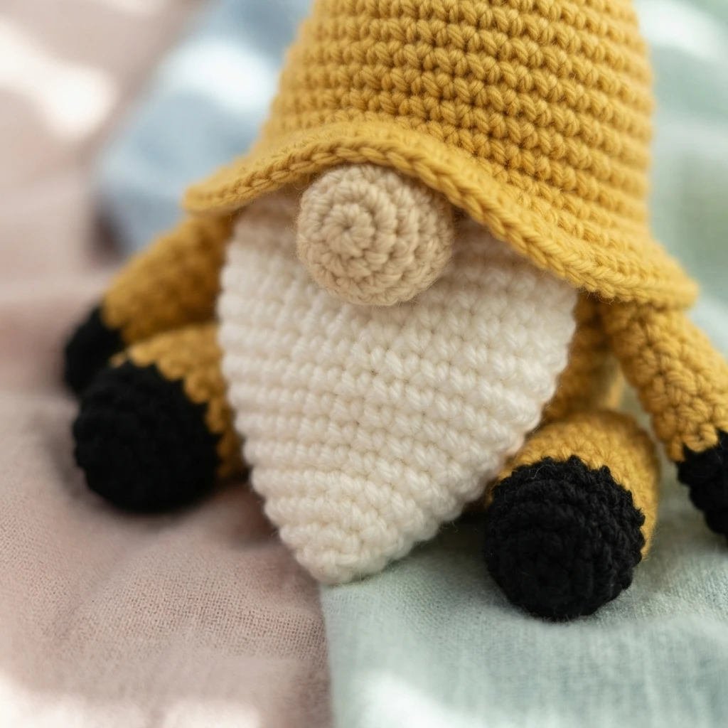 Finished crochet bumble bee gnome with a tall mustard-yellow pointed hat, a white pointed beard, a round beige nose, and mustard-yellow arms with black tips, seated on soft pink and blue fabric