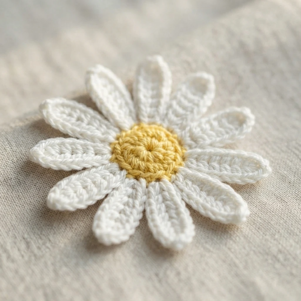 Crocheted daisy flower applique with a yellow center and white petals resting on beige fabric.