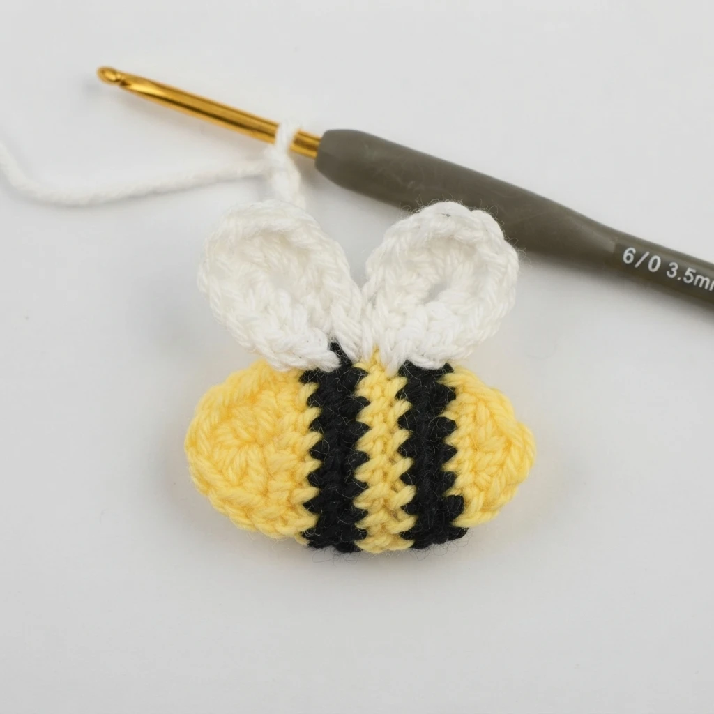Yellow and black crocheted bumble bee applique with two white loop wings, a gold crochet hook resting behind it