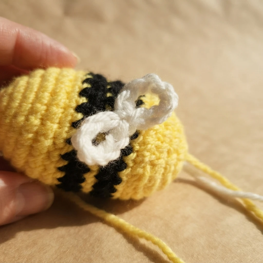 Small yellow and black crocheted bee with two white chain-loop wings, held in fingers with loose yarn tails.