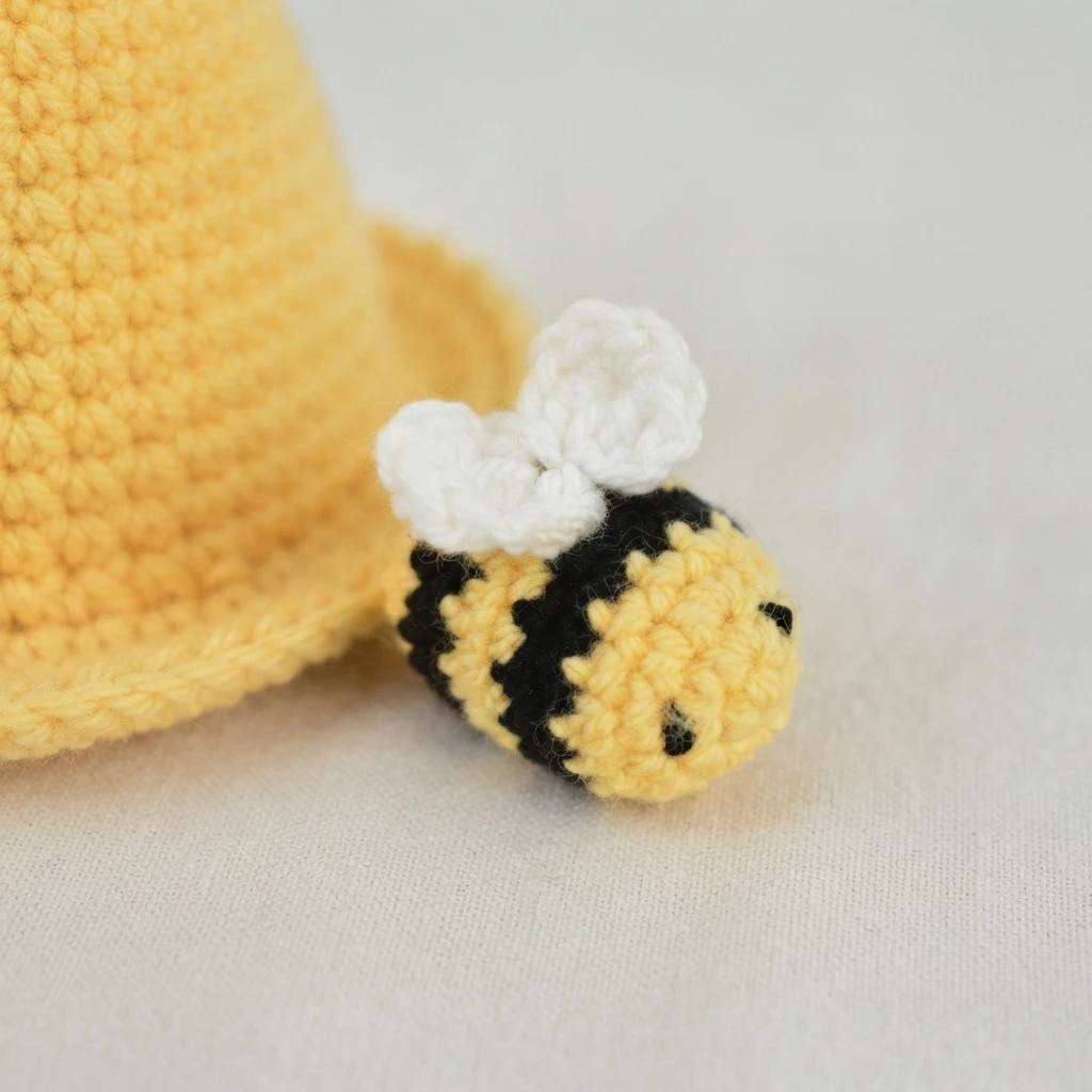 Crocheted mini bumble bee with white wings resting beside a yellow crocheted hat on light fabric.