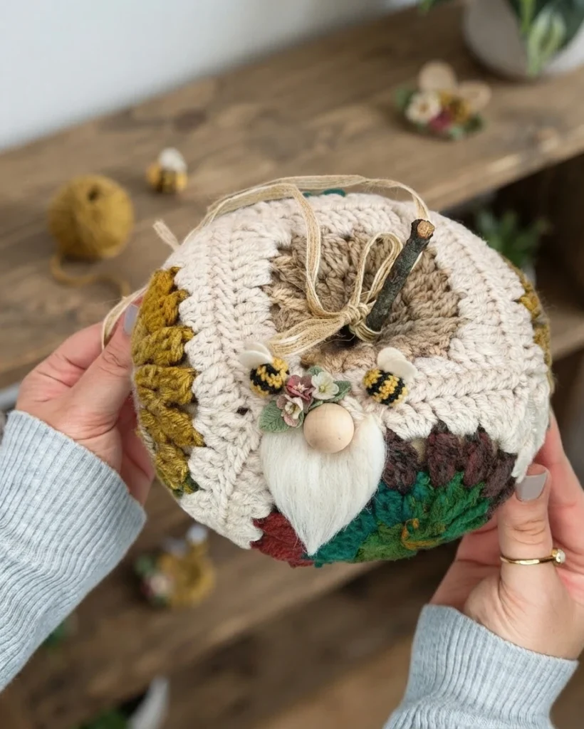 Hands holding a crocheted granny-square pumpkin in cream, mustard, rust, brown and green, styled as a bumble bee gnome with a white beard, wooden bead nose, two tiny striped bees and small flower appliques near the twig stem, on a blurred w