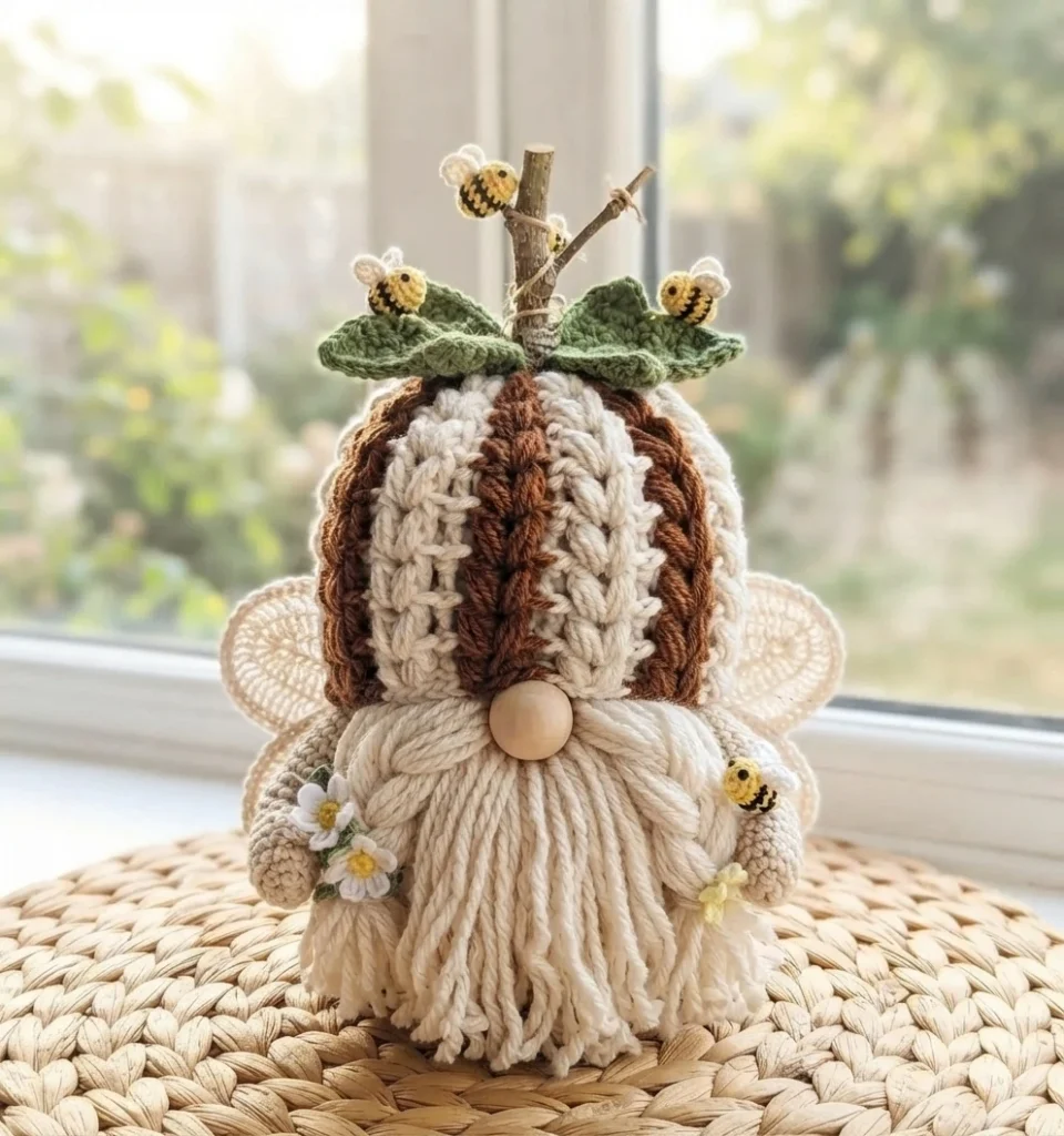 Crocheted pumpkin gnome figure with brown and cream vertical stripes, wooden bead nose, cream yarn beard, translucent lace wings, green crocheted leaves, mini bees and daisy appliques, sitting on a woven mat by a window