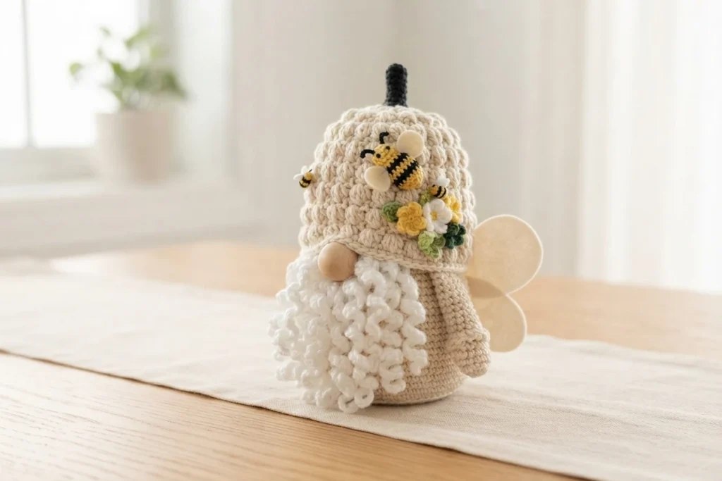 Crocheted bumble bee gnome with a cream textured hat decorated with small bees and flowers, curly white beard and wooden bead nose, standing on a wooden table near a window