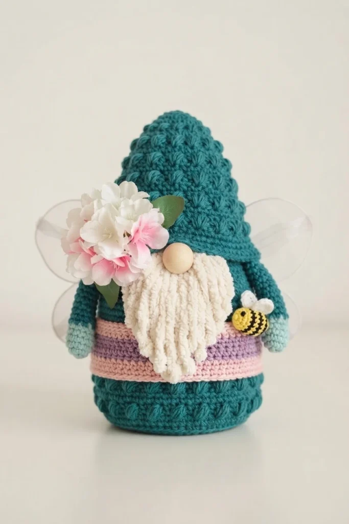 Crocheted teal gnome with white textured beard, wooden bead nose, sheer fairy wings, pink and white flowers on hat and small crocheted bee on side