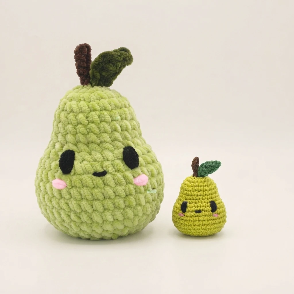 Large plush light-green crocheted pear and a small yellow-green crocheted pear, each with an embroidered smiling face, brown stem and green leaf.