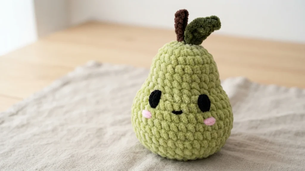 Green chenille crochet pear amigurumi with embroidered black eyes, small smile, pink cheeks, brown stalk and dark green leaf, sitting on a light fabric