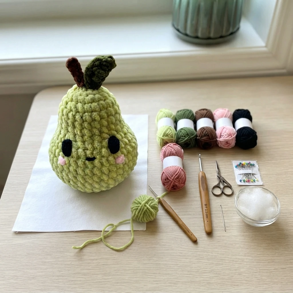 Finished green chenille pear amigurumi plush with embroidered face, stem and leaf, beside yarn balls in green, brown, pink and black, crochet hooks, scissors, pins and poly filling arranged on a table.